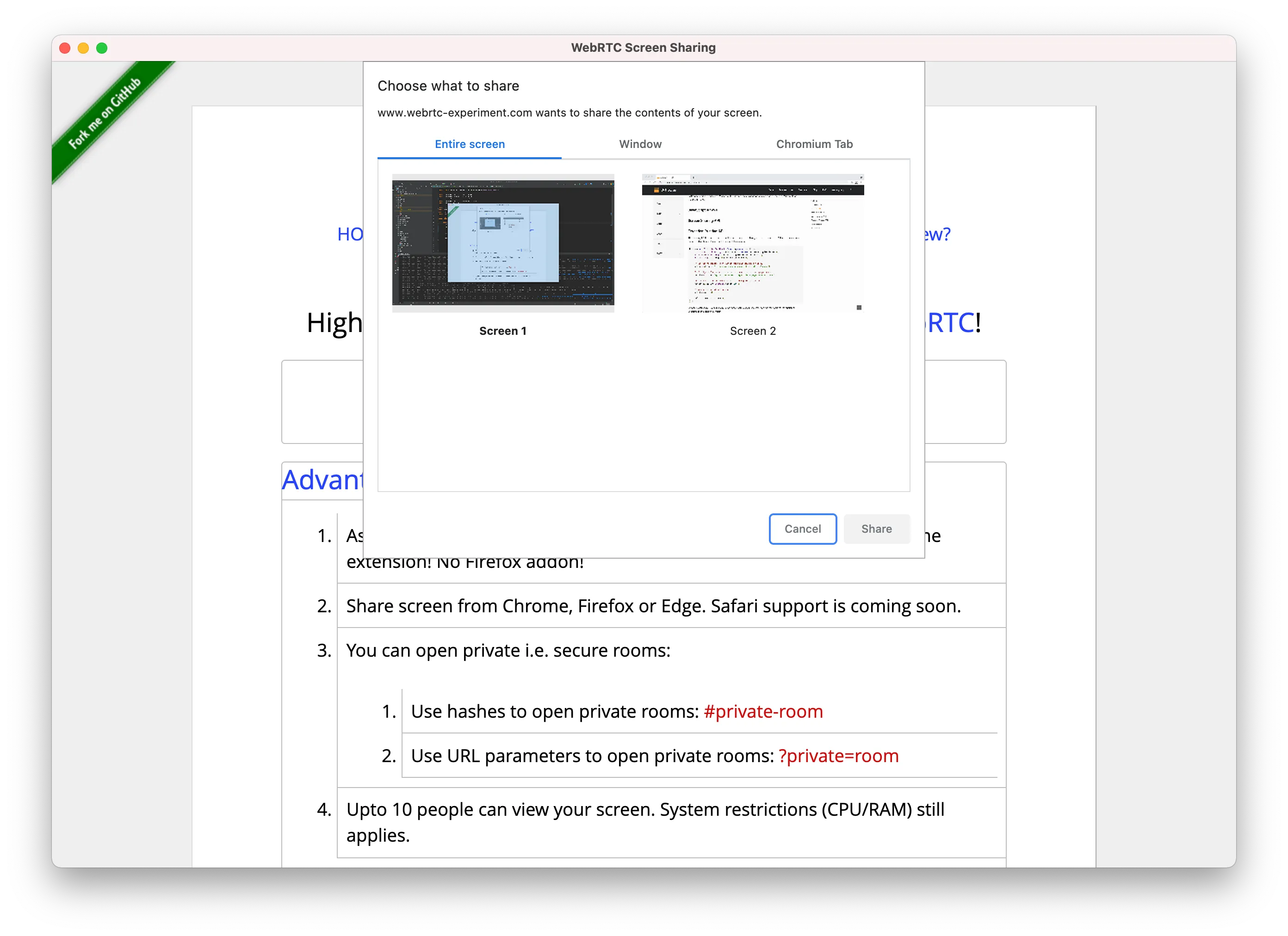 WebRTC 屏幕共享对话框
