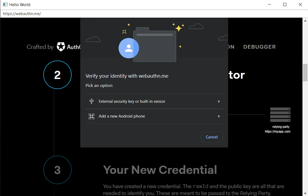 WebAuthn 对话框